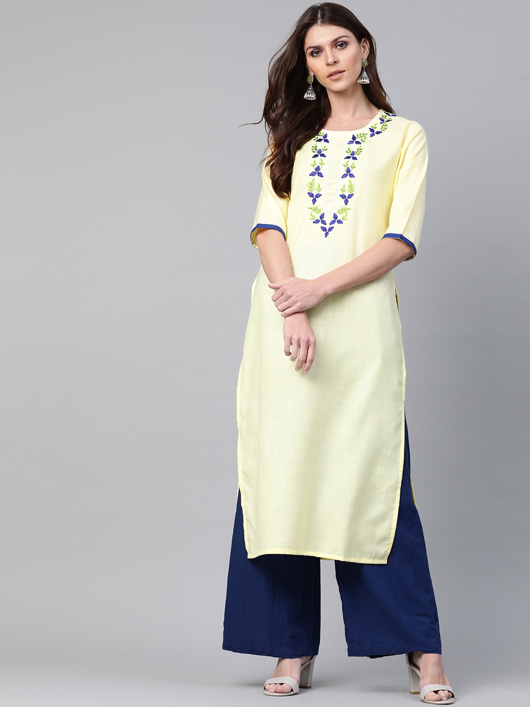 

Libas Women Yellow & Blue Yoke Design Linen Straight Kurta