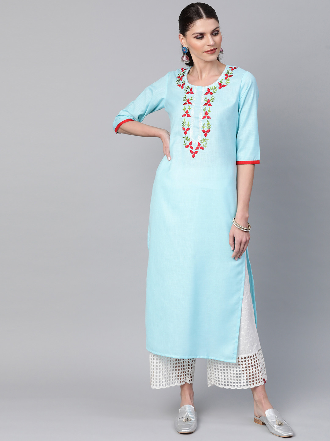 

Libas Women Blue & Red Yoke Design Straight Linen Kurta