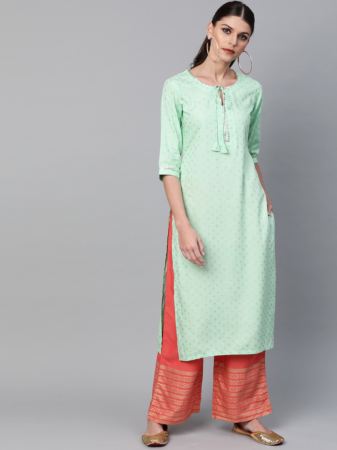 

Libas Women Sea Green & Coral Pink Block Print Kurta with Palazzos