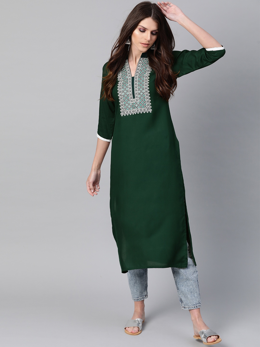 

Libas Women Green & Off-White Yoke Design Straight Kurta