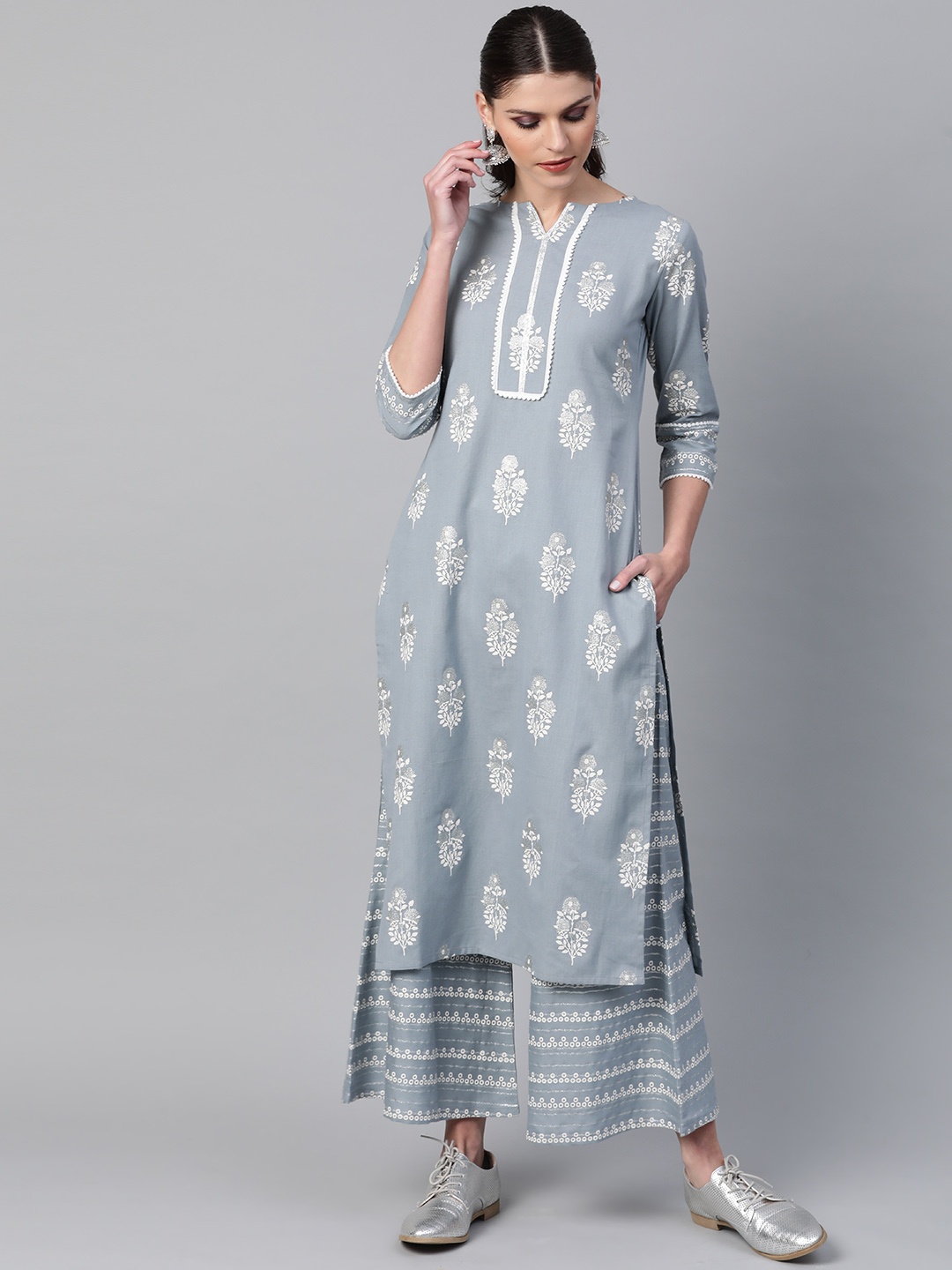 

Libas Women Grey & White Printed Kurta with Palazzos