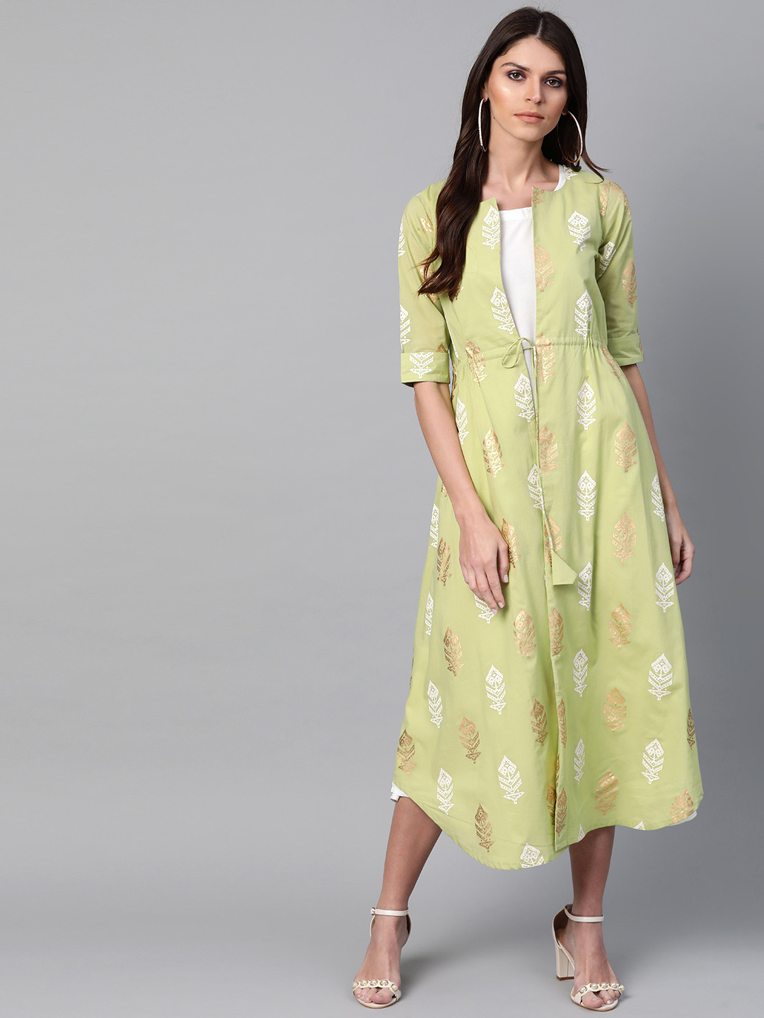 

Libas Women White Solid A-Line Dress With Green & White Printed Shrug
