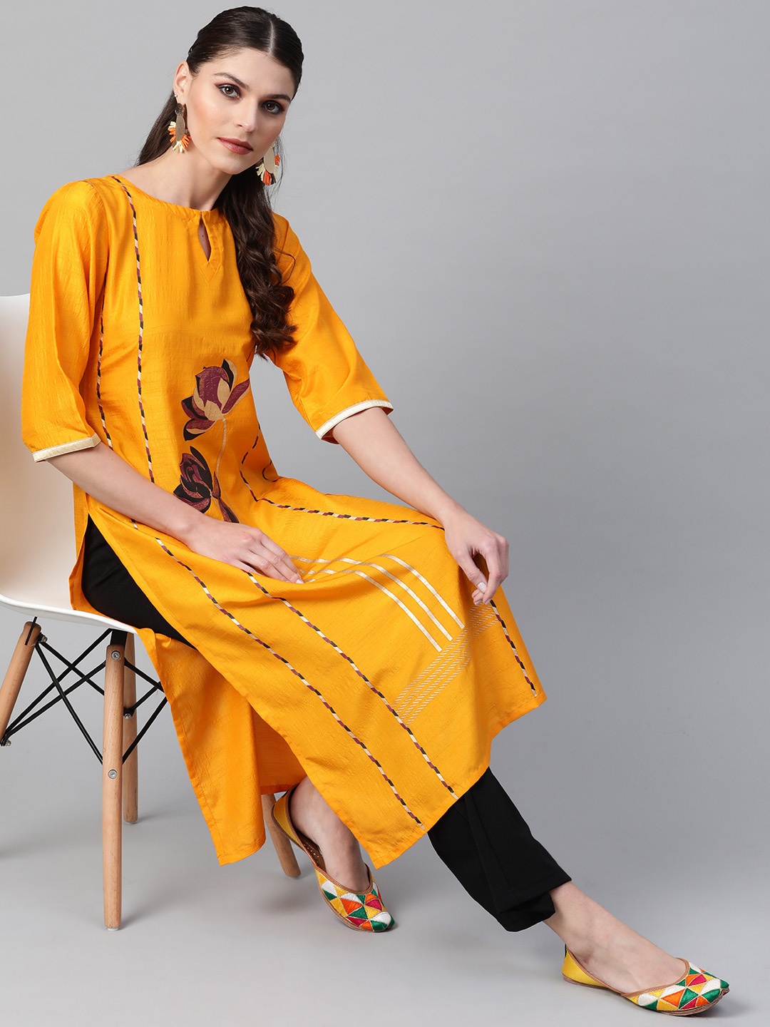 

Libas Women Mustard Yellow & Burgundy Floral Printed Straight Kurta