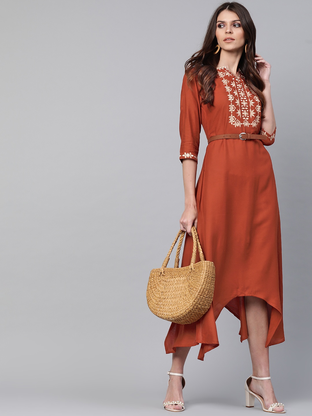 

Libas Women Rust Red & Beige Embroidered A-Line Dress