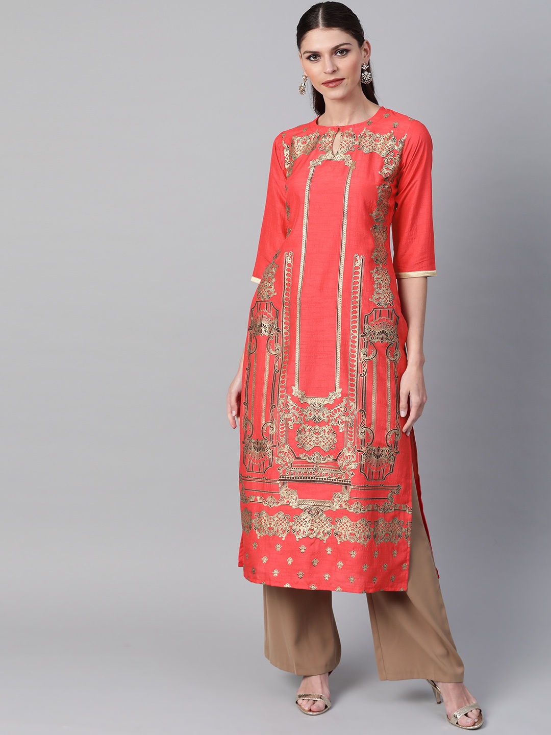 

Libas Women Coral Red & Golden Block Print Straight Kurta