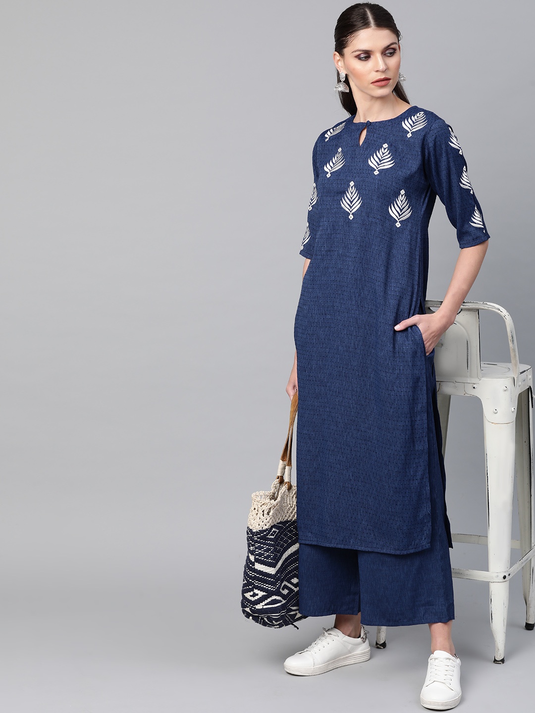 

Libas Women Navy Blue & Off-White Self Design Kurta with Palazzos