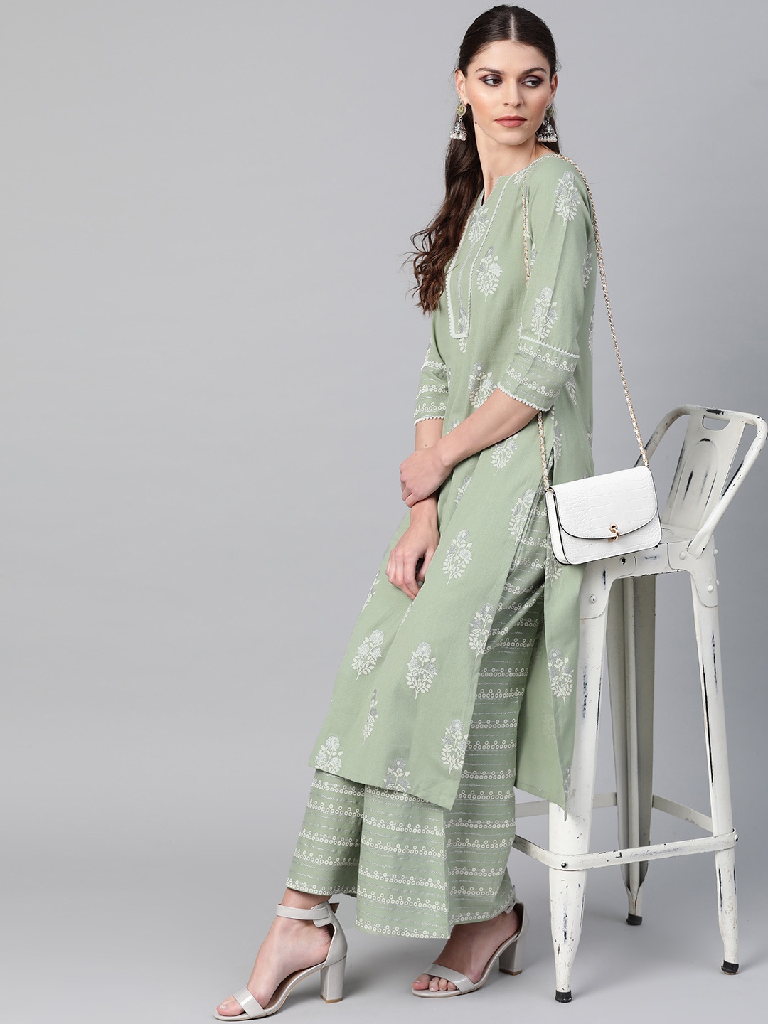 

Libas Women Green & White Printed Kurta with Palazzos