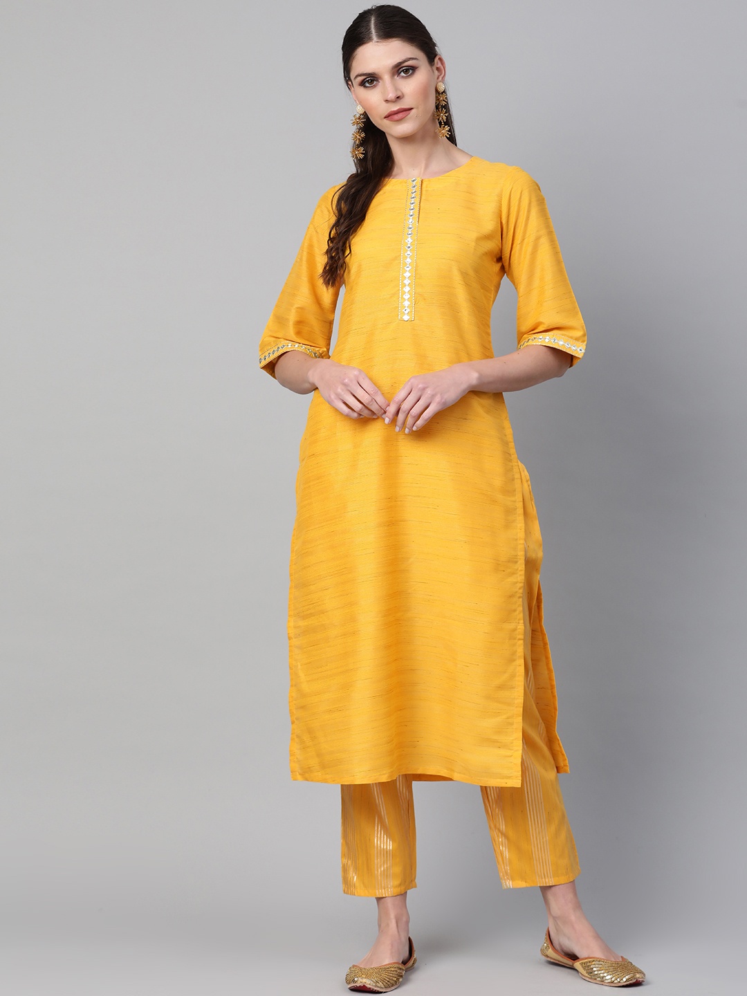 

Libas Women Yellow & Golden Woven Design Kurta with Trousers
