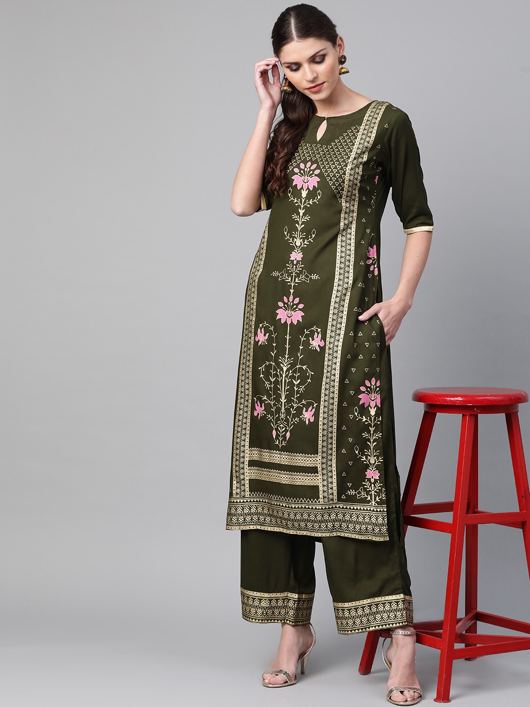 

Libas Women Olive Green & Golden Block Print Kurta with Palazzos