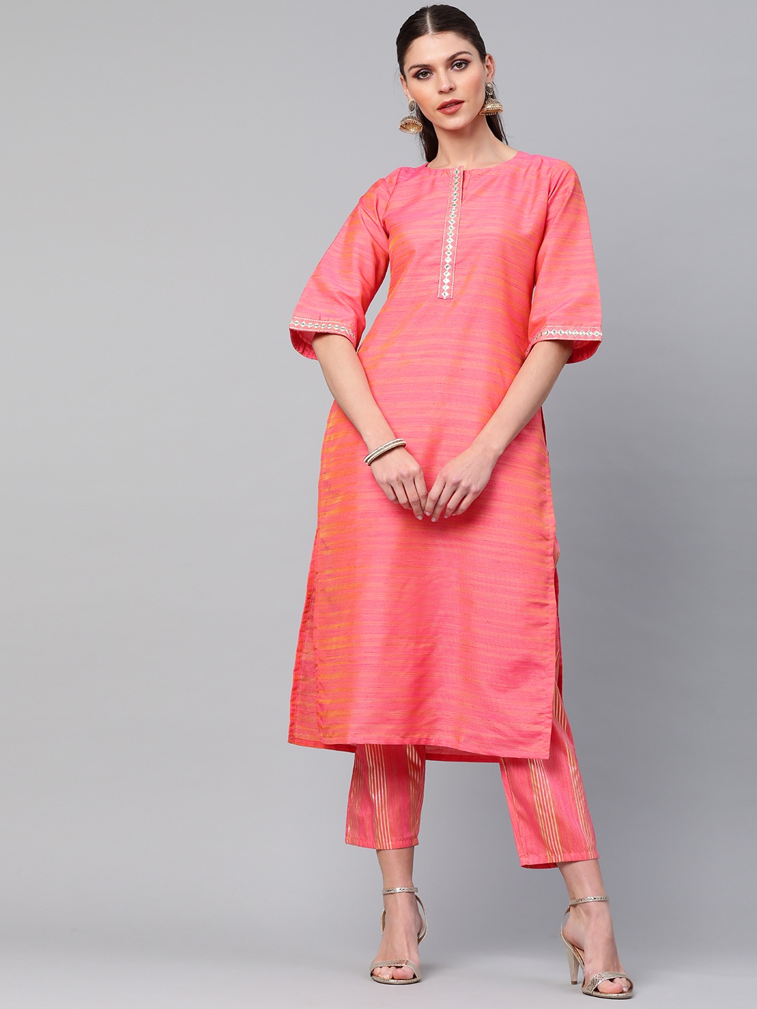 

Libas Women Pink & Golden Self-Striped Kurta with Trousers