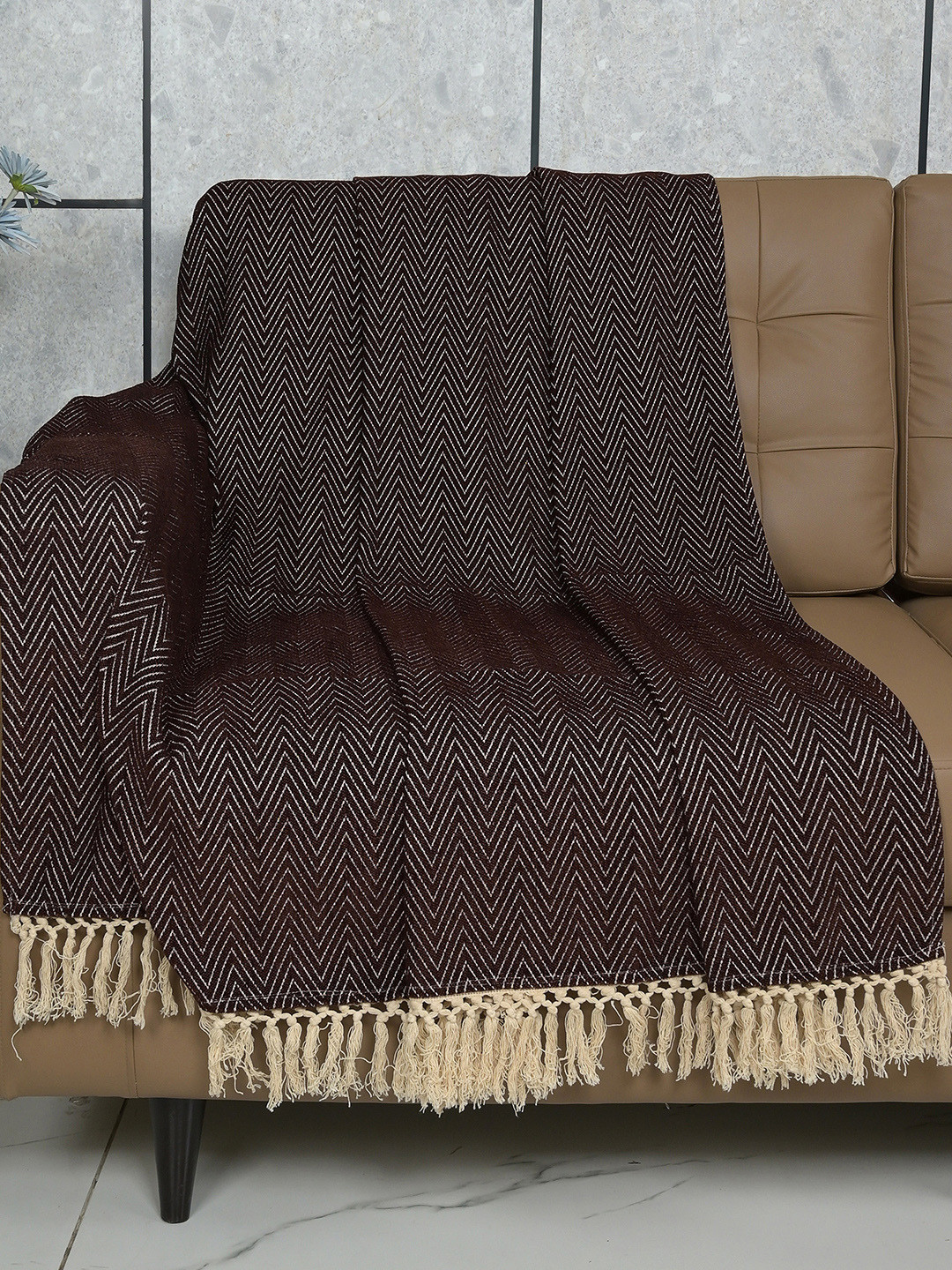 Saral Home Brown & Beige Self-Designed Pure Cotton 2 Seater Sofa Throw