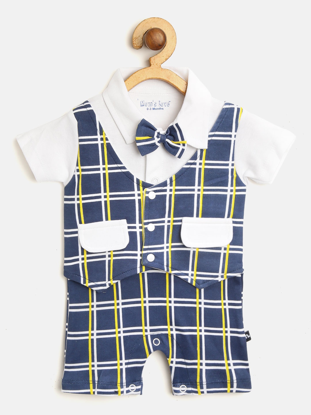

Moms Love Boys Navy Blue & White Checked Rompers with Attached Waistcoat