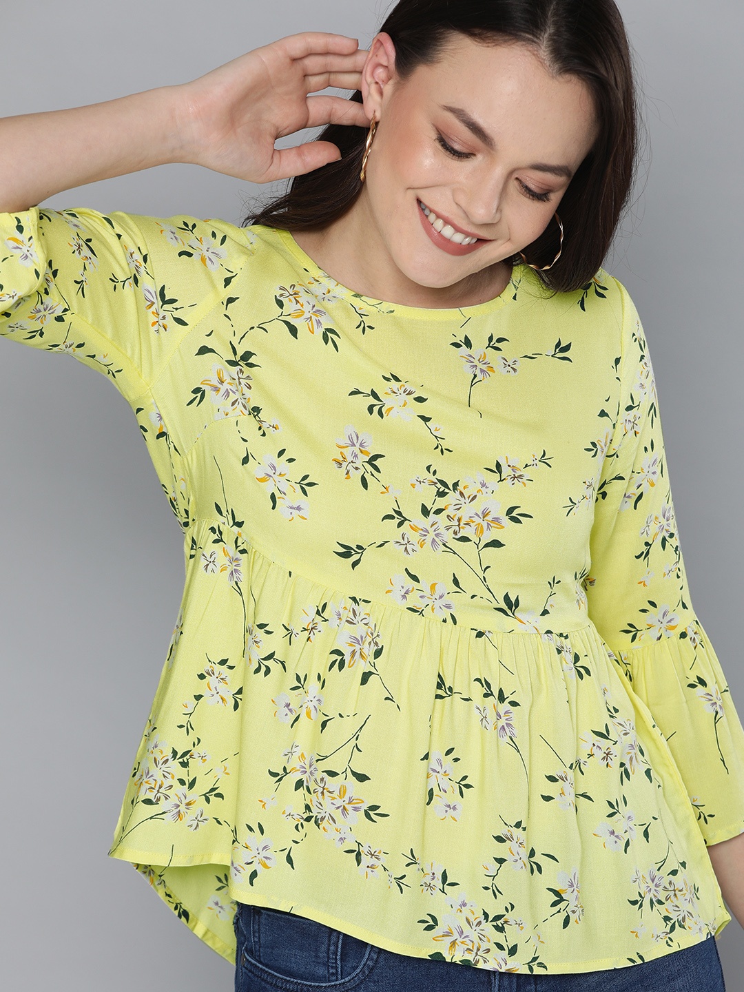 

Mast & Harbour Sustainable ECOVERO Women Yellow Floral Print A-Line Top