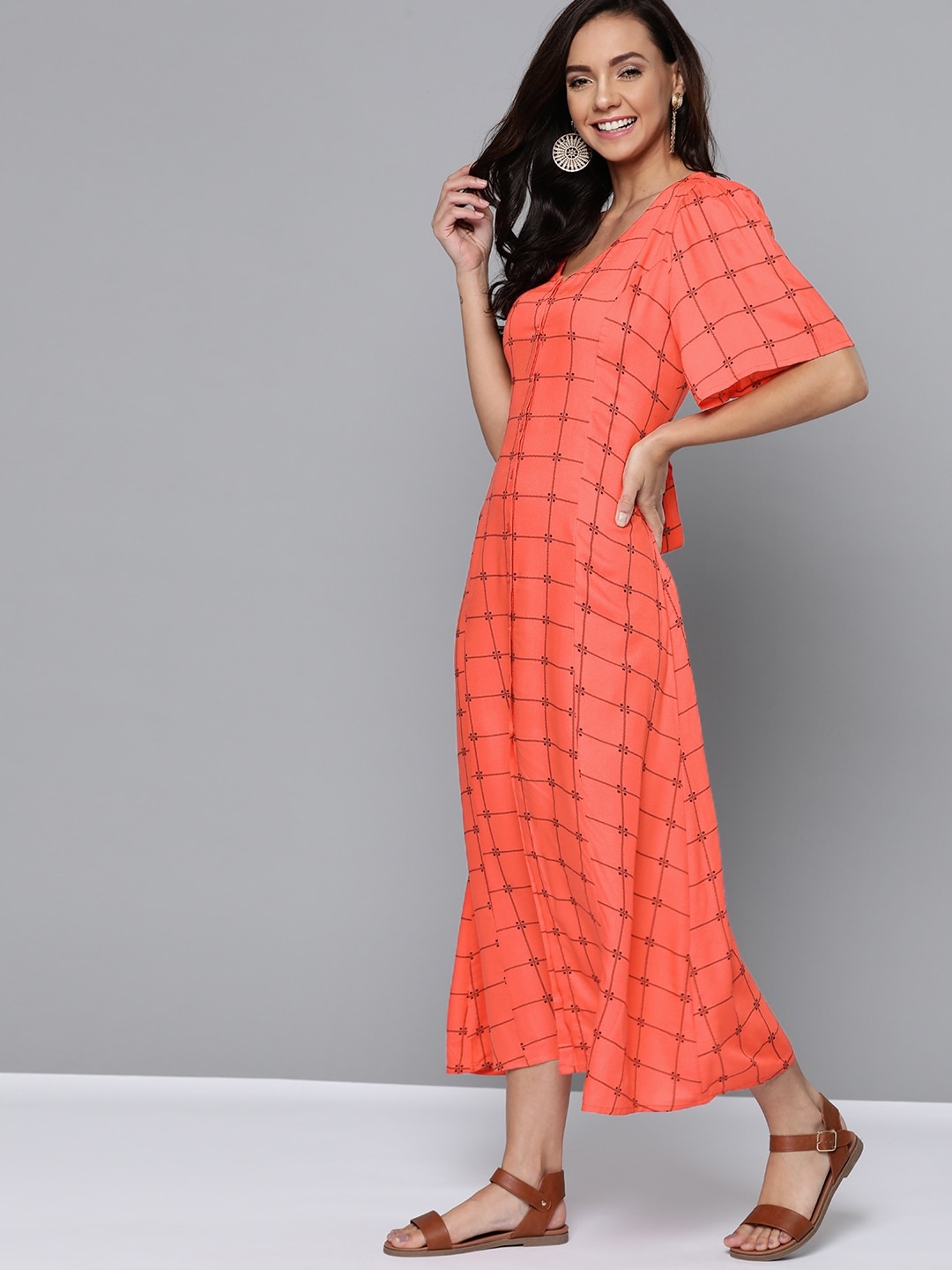 

Mast & Harbour Women Coral Orange & Black Checked A-Line Sustainable ECOVERO Dress