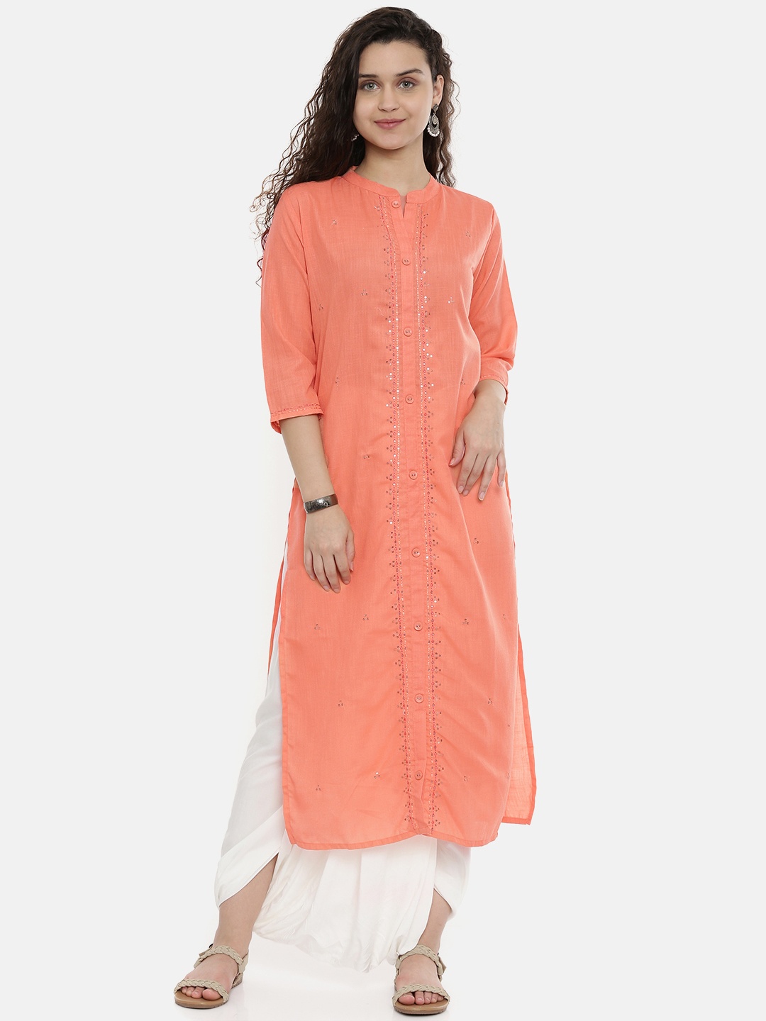 

Neerus Women Peach-Coloured Solid Straight Kurta With sequins Detail