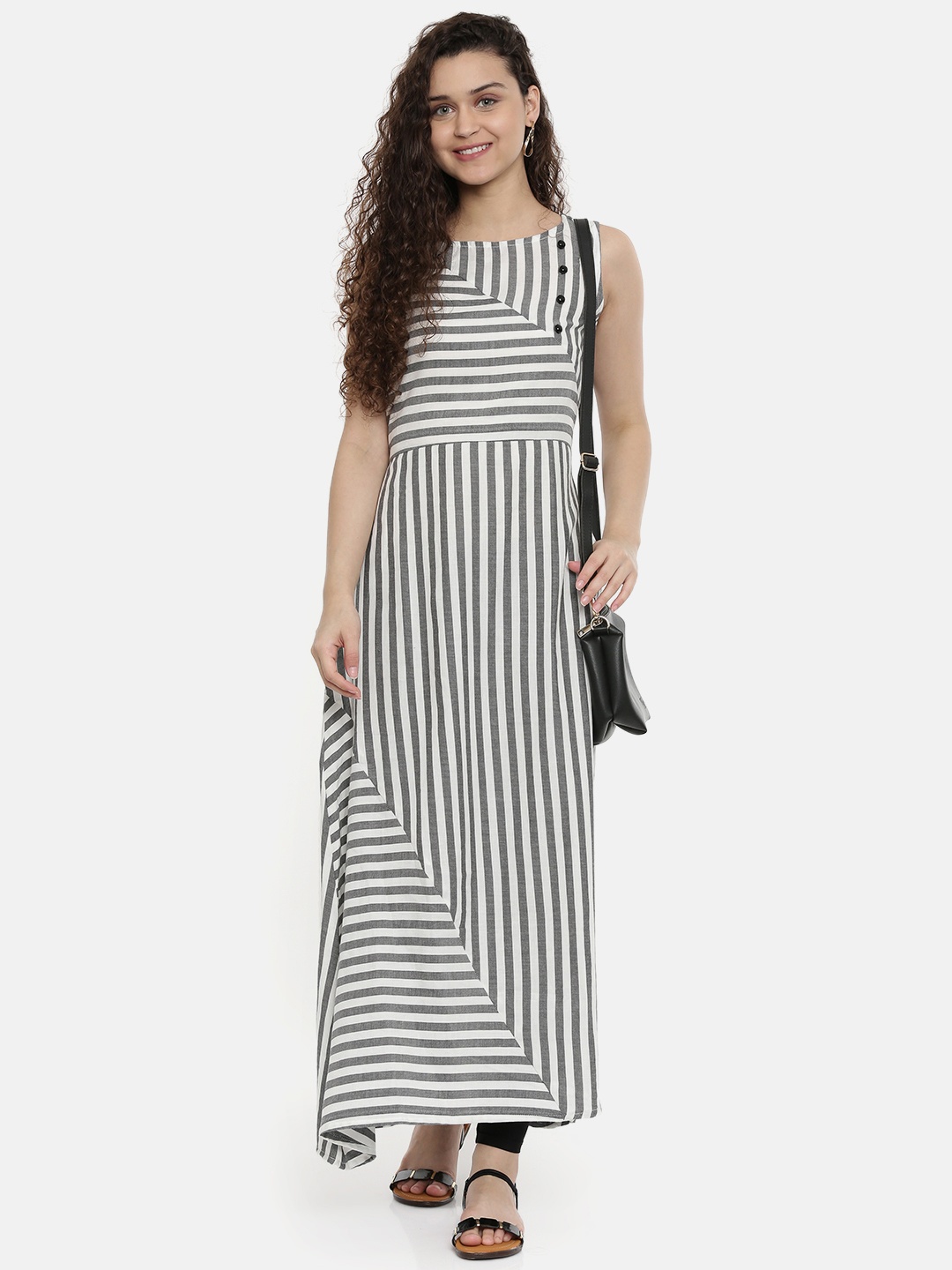 

Neerus Women White & Black Striped Asymmetric A-Line Kurta