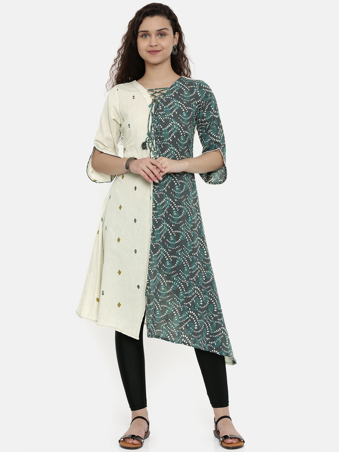 

Neerus Women Off-White & Grey Printed A-Line Panelled Kurta With Mirror Word Detail