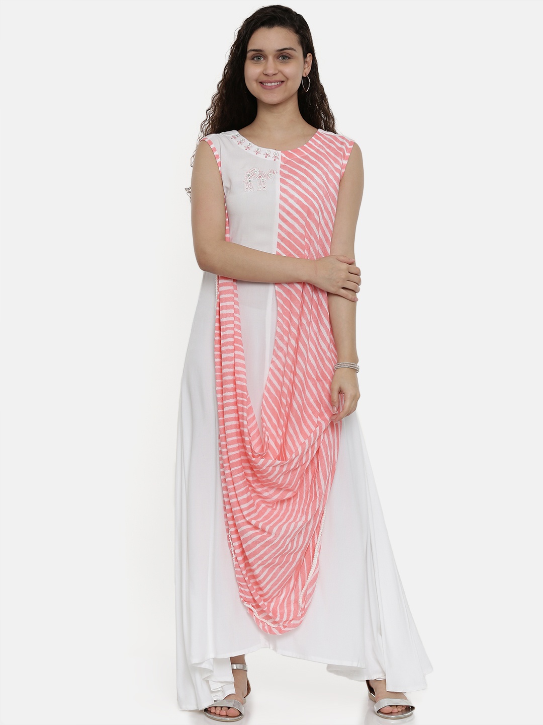 

Neerus Women White & Pink Striped Asymmetric A-Line Layered Kurta