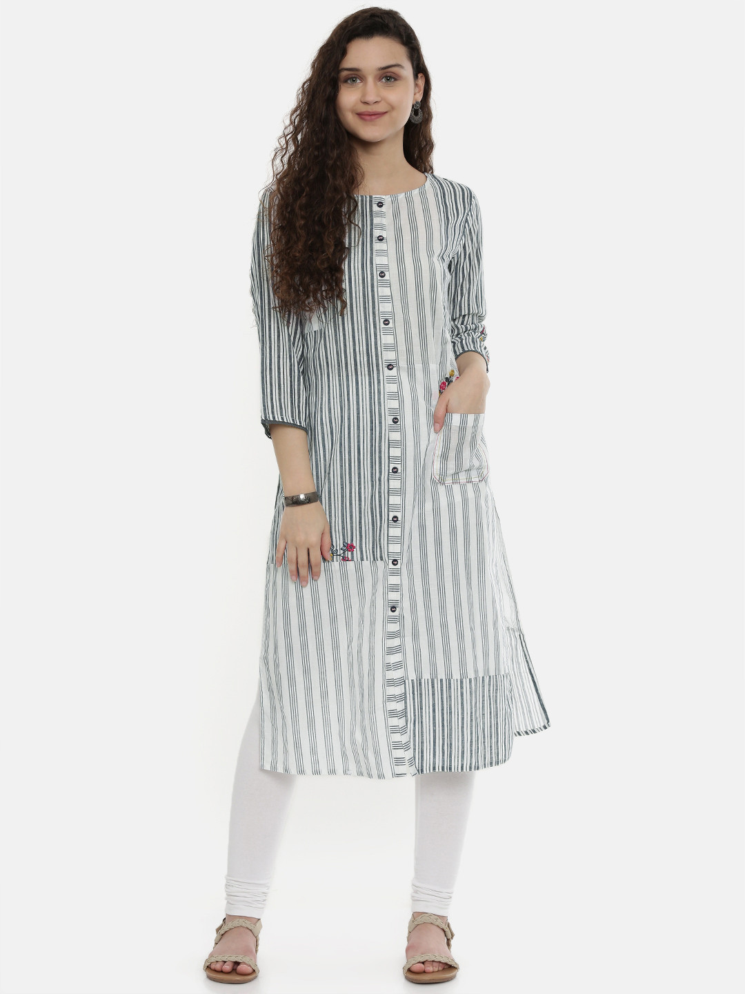 

Neerus Women White & Navy Blue Striped Straight Panelled Kurta With Embroidered Detail