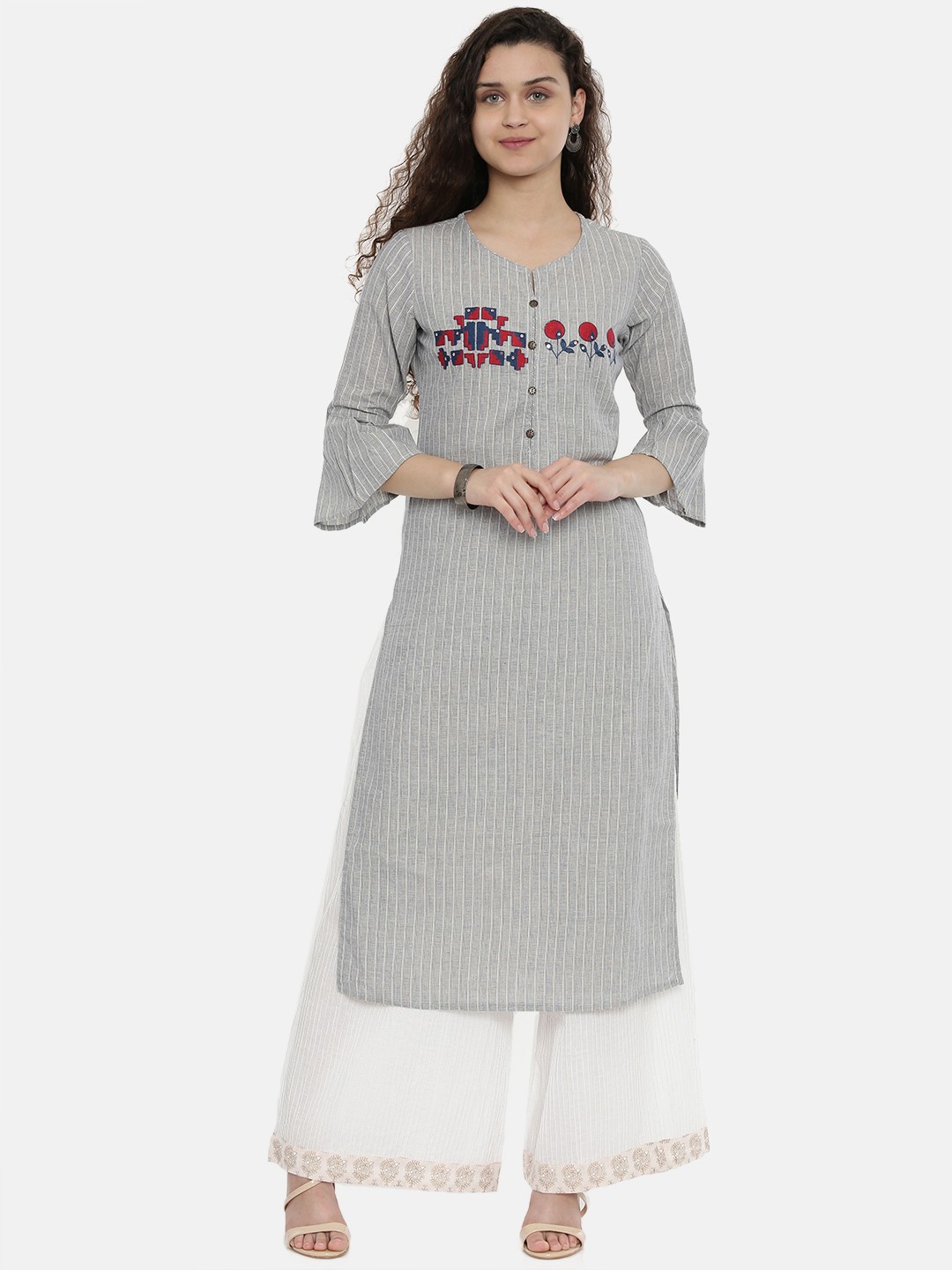 

Neerus Women Grey & Blue Striped A-Line Kurta