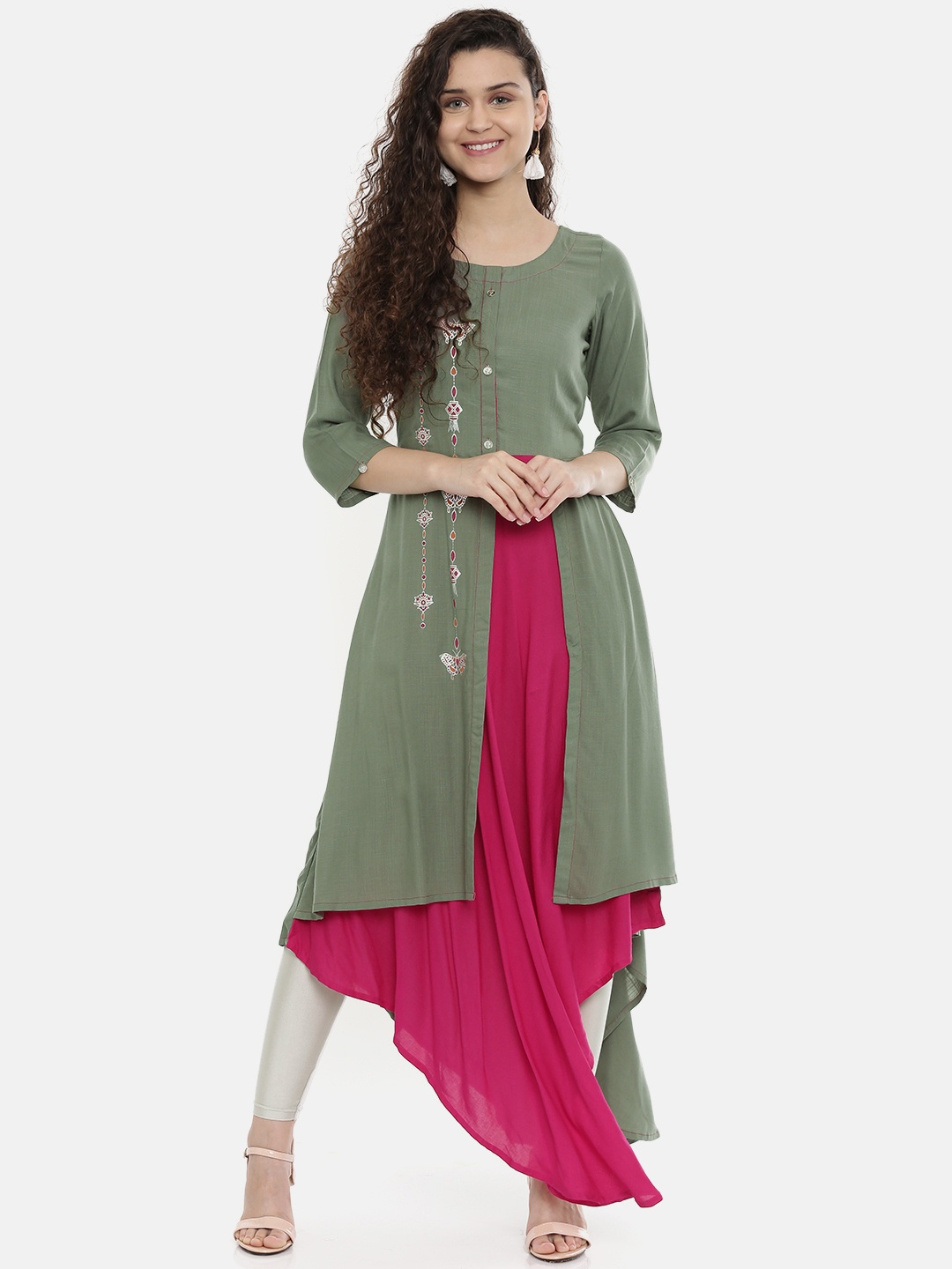 

Neerus Women Grey & Pink Printed A-Line Asymmetric Layered Kurta