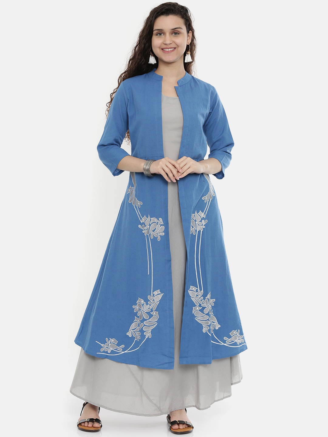 

Neerus Women Blue & Grey Embroidered Layered A-Line Kurta