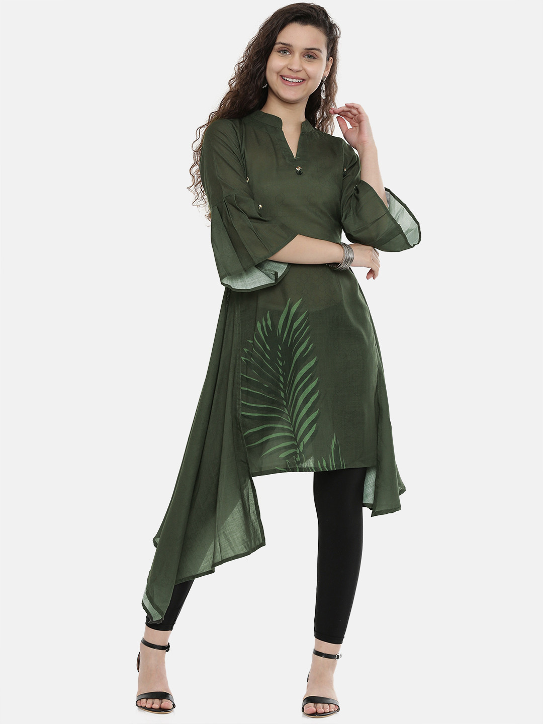 

Neerus Women Olive Green Printed Asymmetric A-Line Kurta