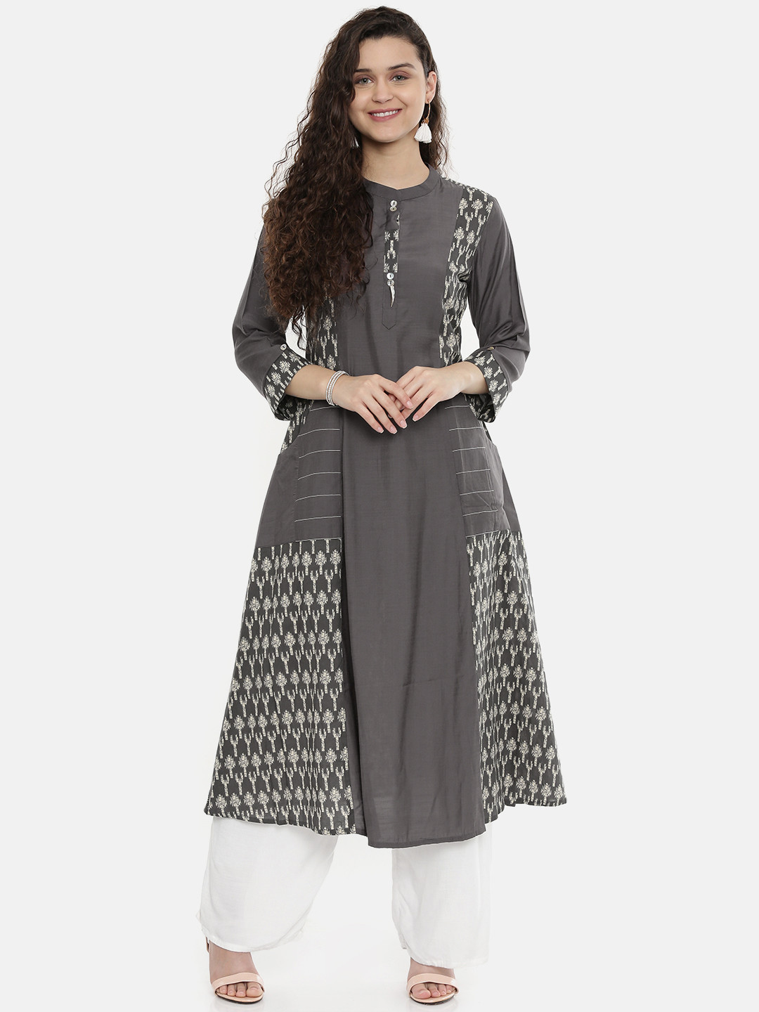 

Neerus Women Grey & Off-White Printed A-Line Kurta