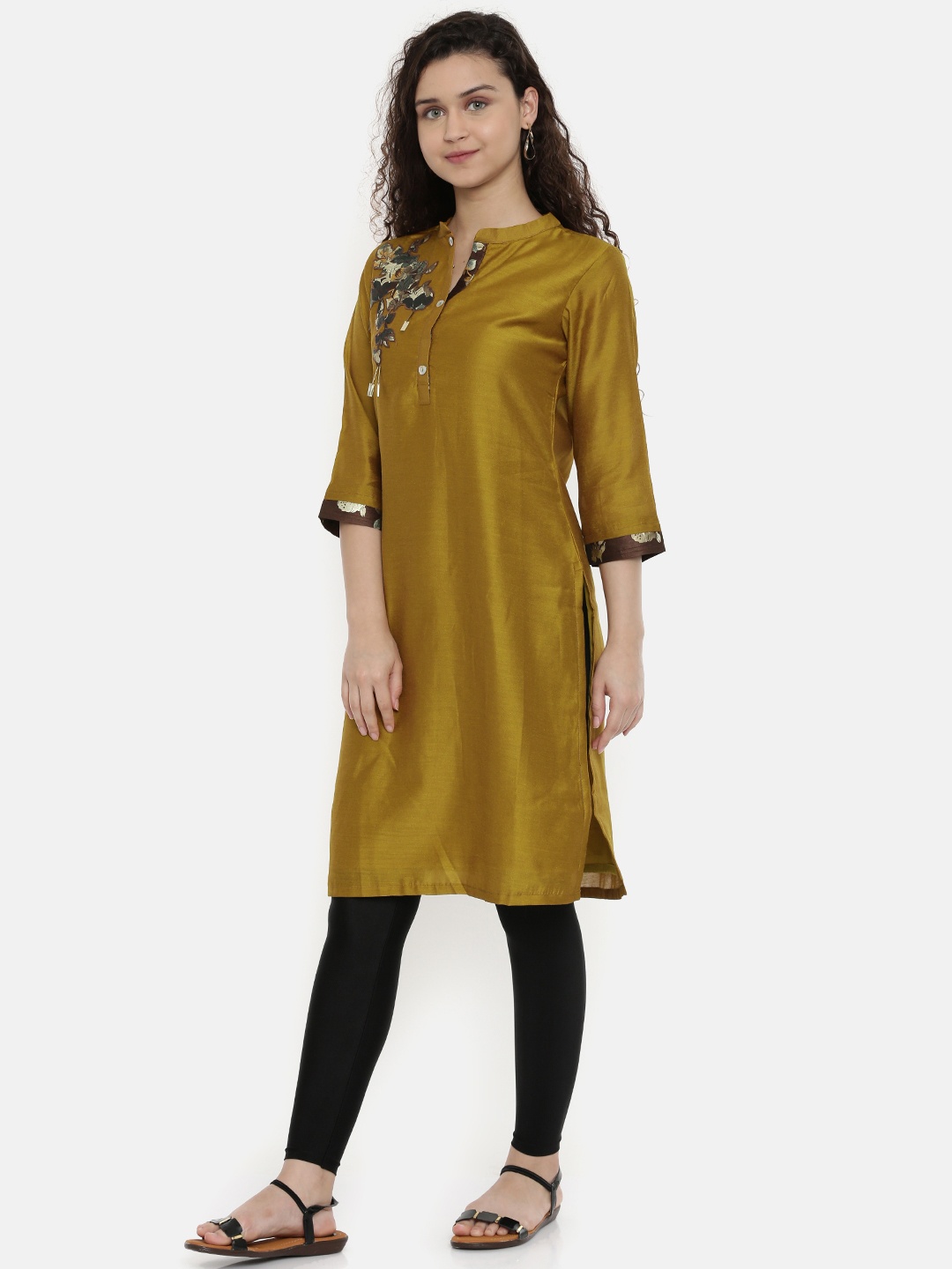 

Neerus Women Mustard Yellow Solid A-Line Kurta with Applique Detail
