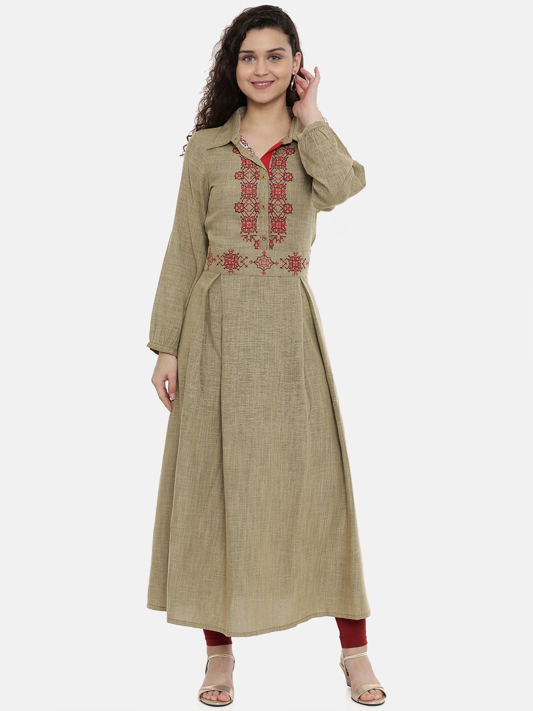 

Neerus Women Beige Yoke Design A-Line Kurta