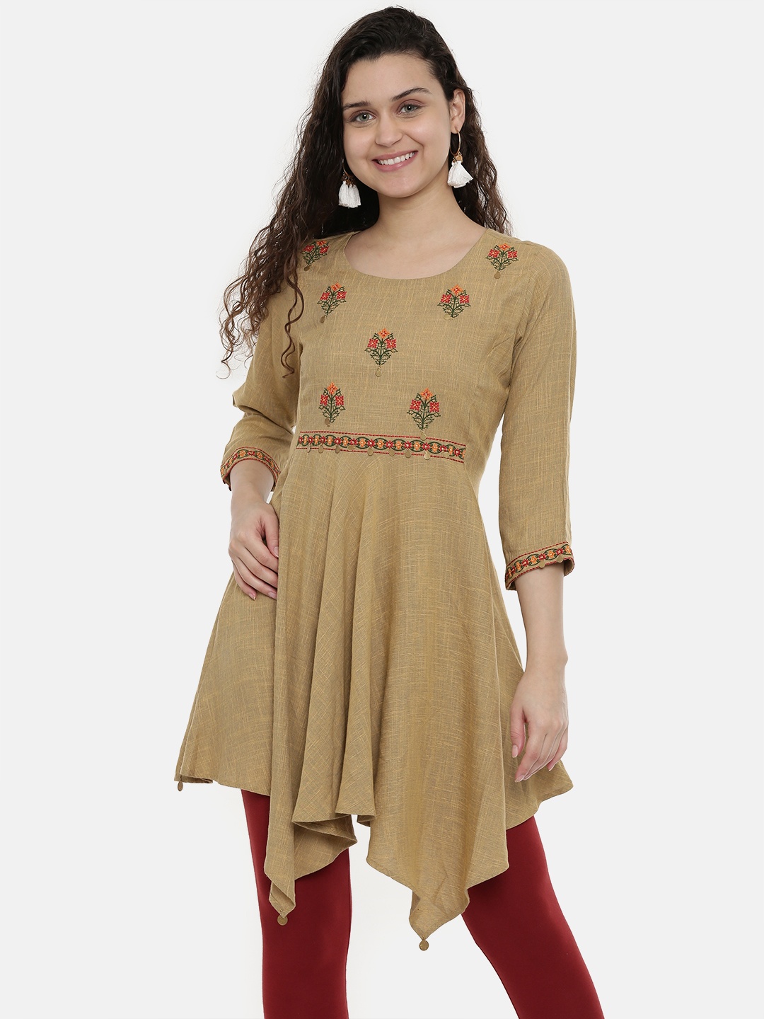 

Neerus Women Beige Embroidered Yoke Design A-Line Kurti