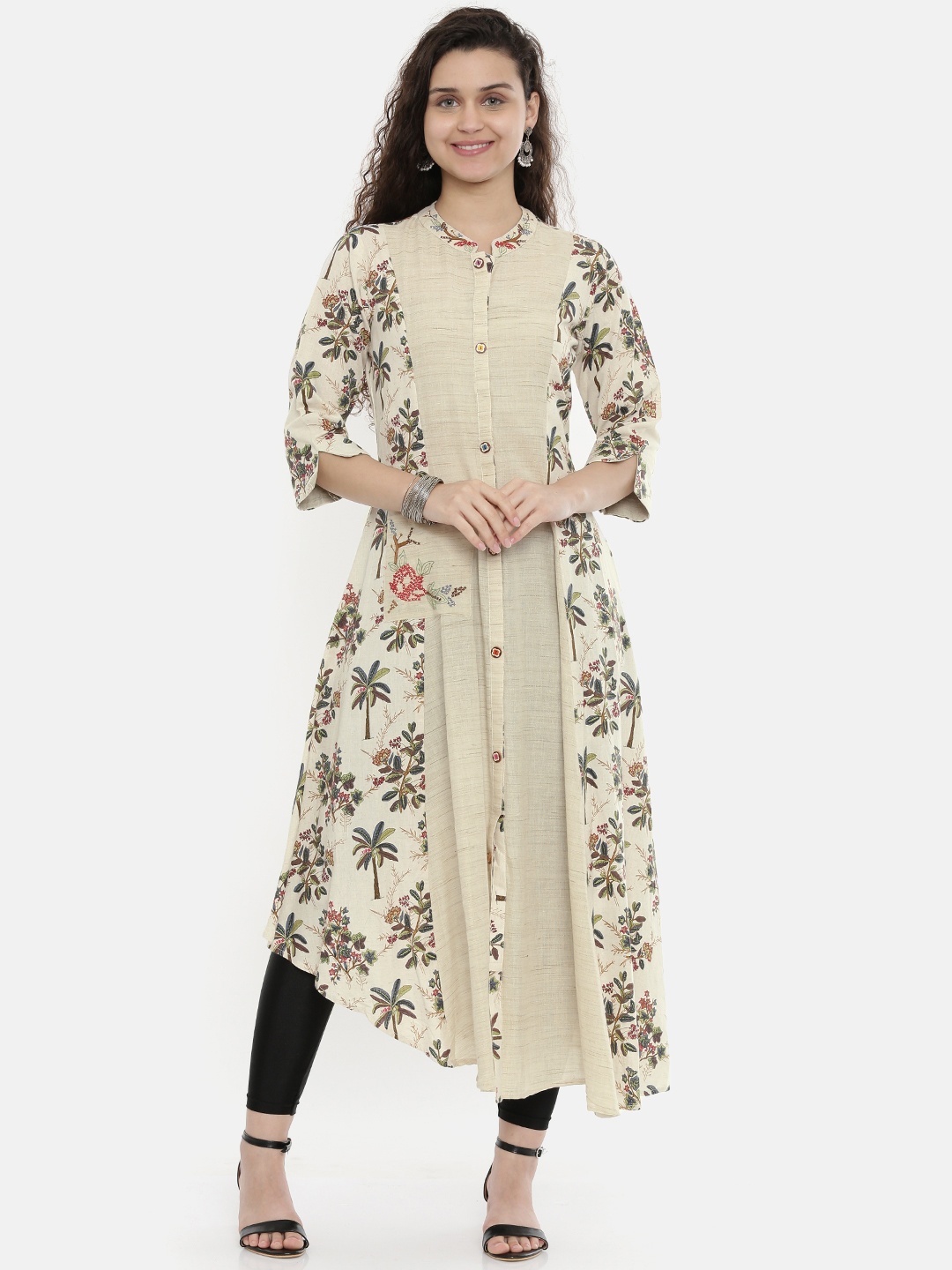 

Neerus Women Beige Printed Floral A-Line Kurta