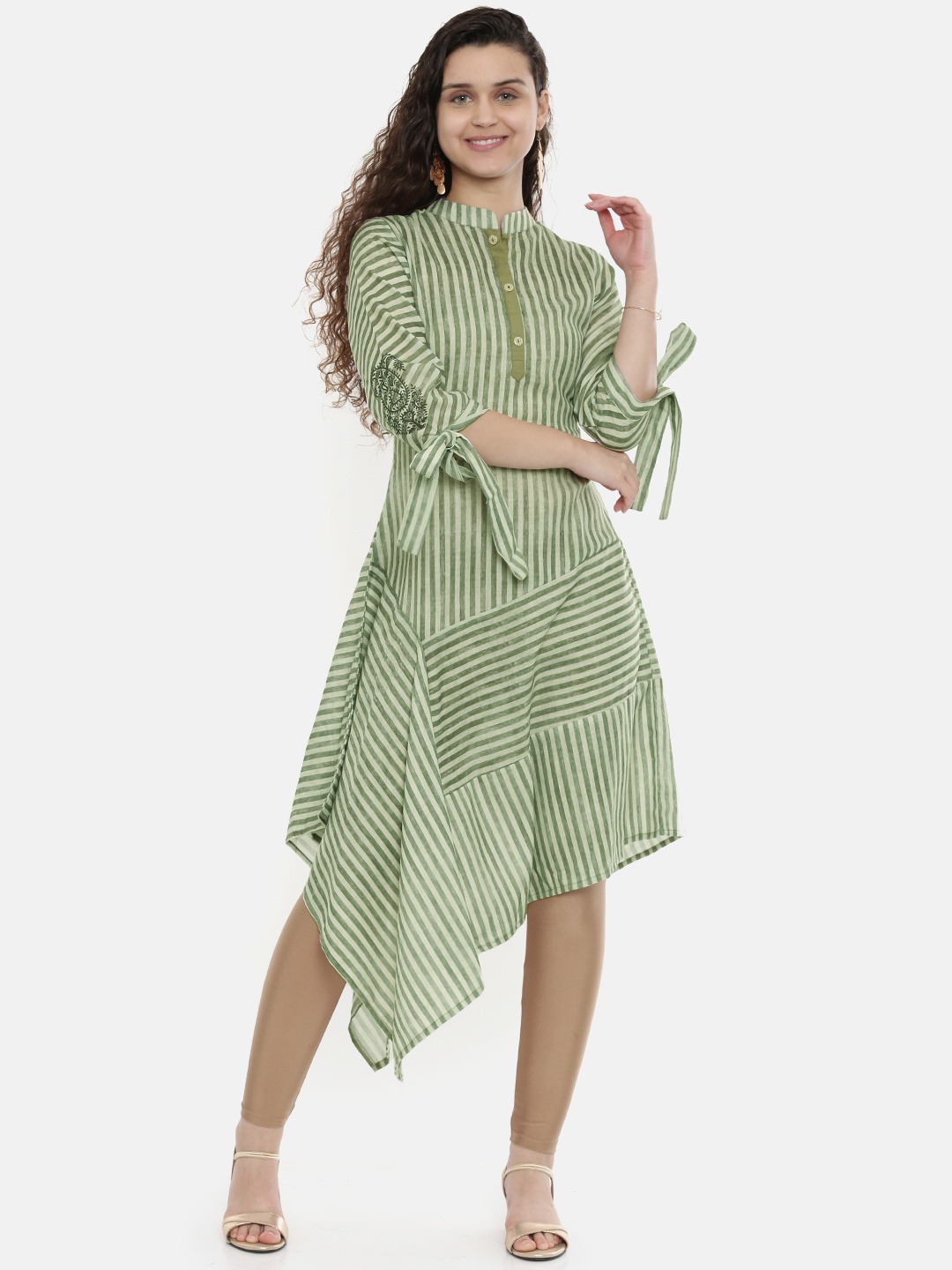 

Neerus Women Green & Off-White Striped Asymmetric Hemline A-Line Kurta