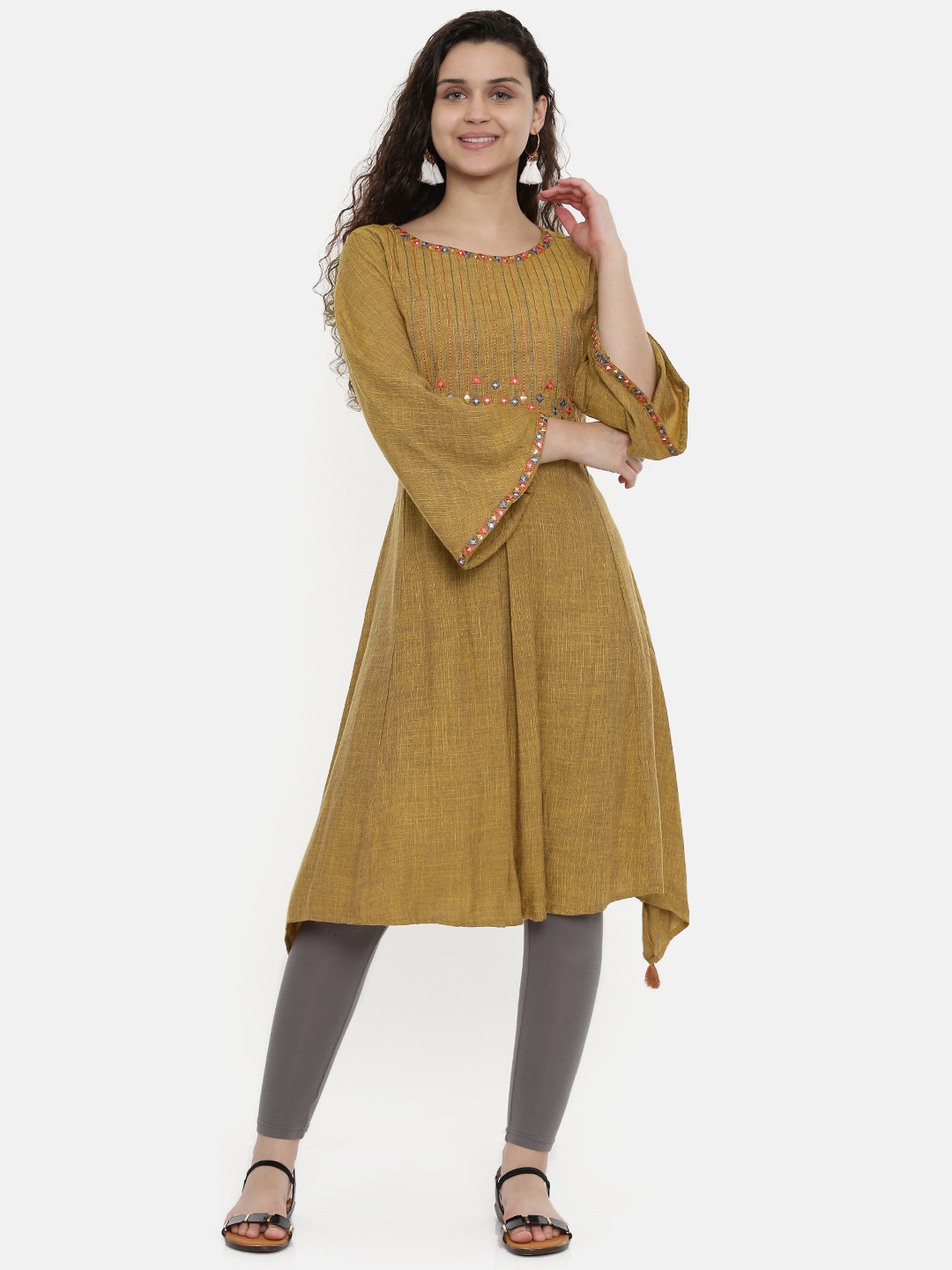 

Neerus Women Mustard Yellow Solid A-Line Asymmetric Kurta