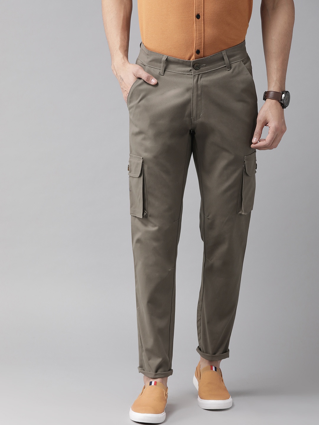 

Hubberholme Men Olive Green Stretchable Slim Fit Solid Cargos