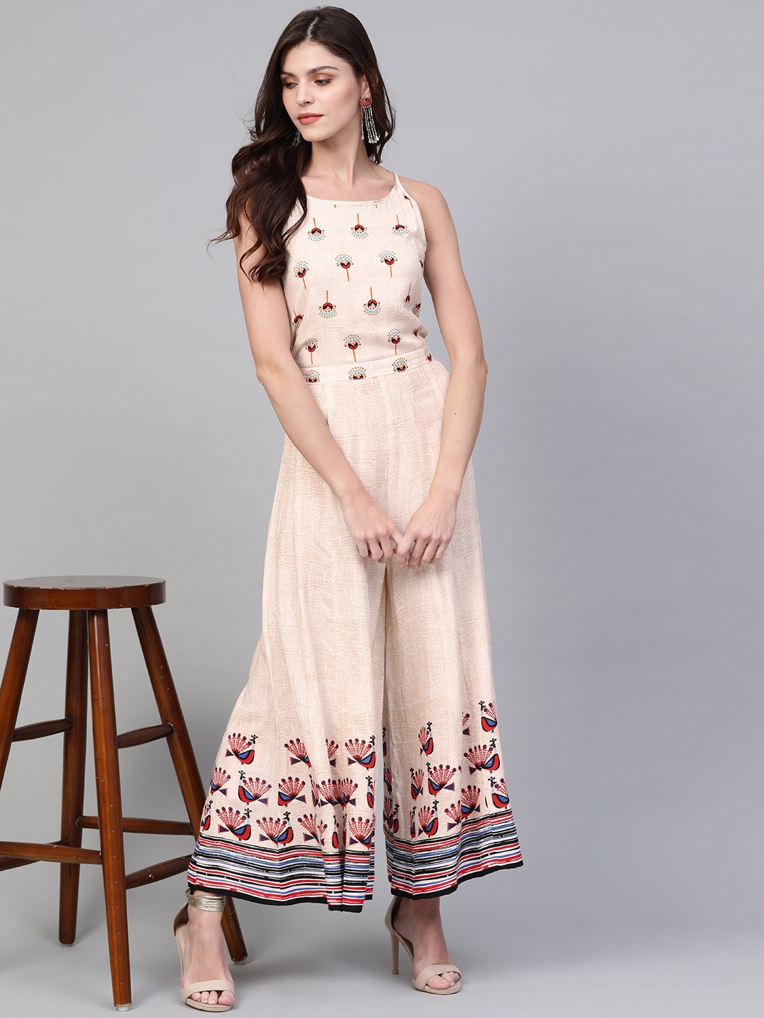 

Pannkh Women Off-White & Beige Printed Basic Jumpsuit