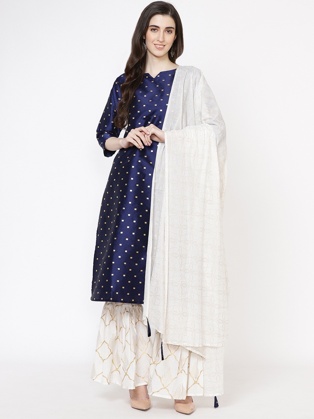 

Fabriko Women Navy Blue & White Woven Design Kurta with Sharara & Dupatta