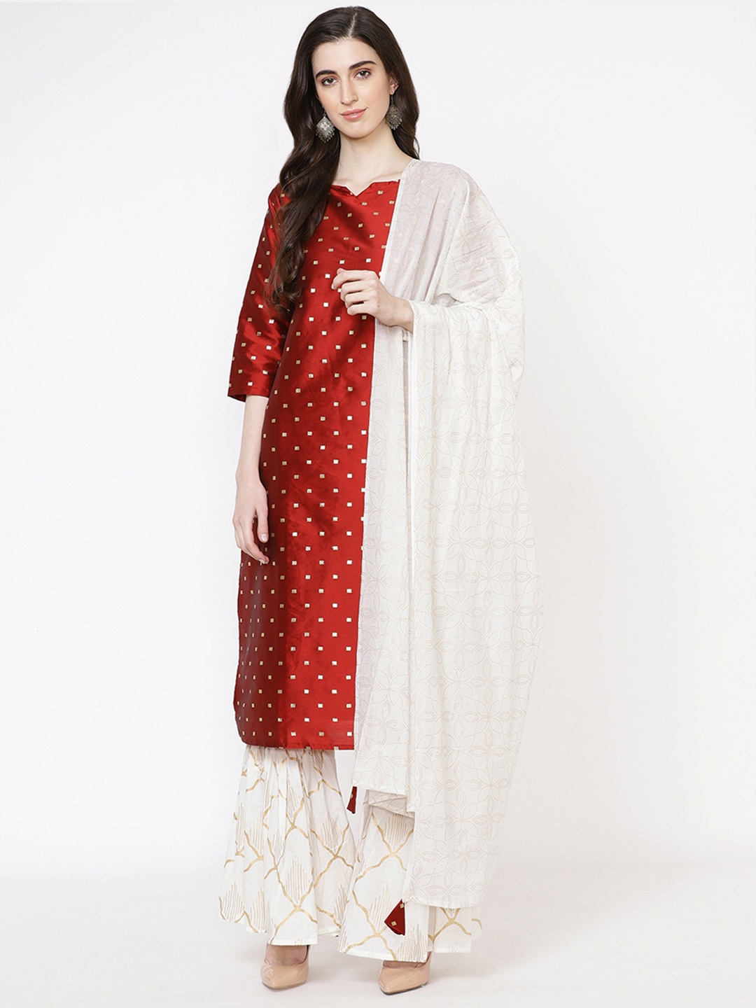 

Fabriko Women Red & White Woven Design Kurta with Sharara & Dupatta