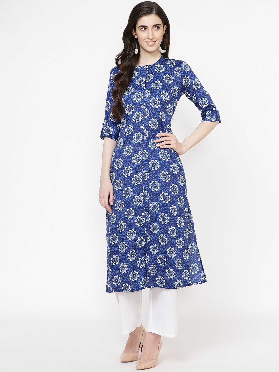 

Fabriko Women Blue & White Printed Kurta with Palazzos