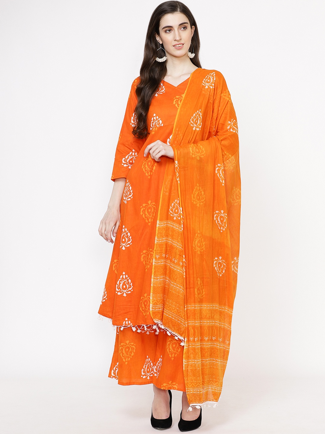 

Fabriko Women Orange & White Printed Kurta with Palazzos & Dupatta