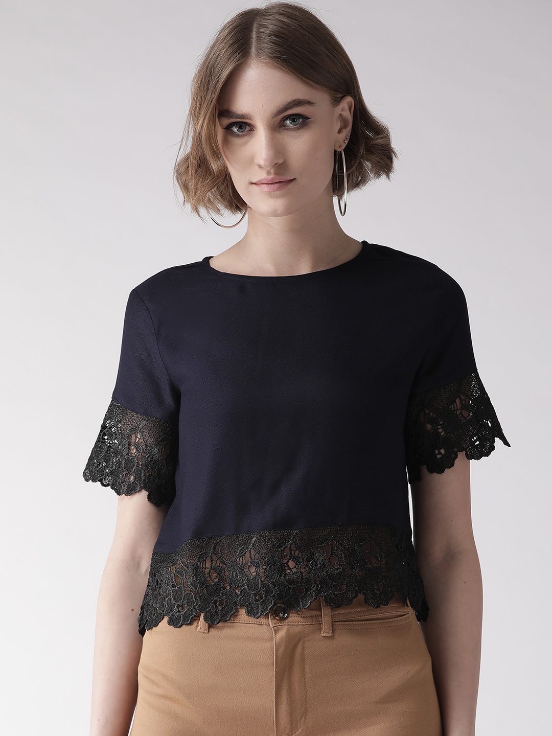 

Style Quotient Women Navy Blue Lace Detail Solid Top