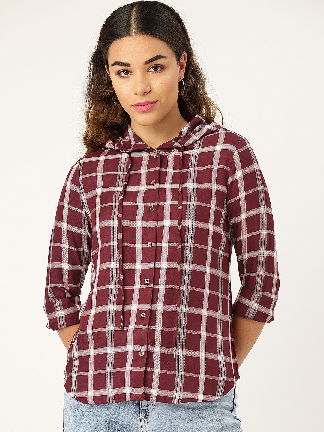 

Style Quotient Burgundy & Pink Twill Weave Comfort Regular Fit Checked Hooded Casual Shirt