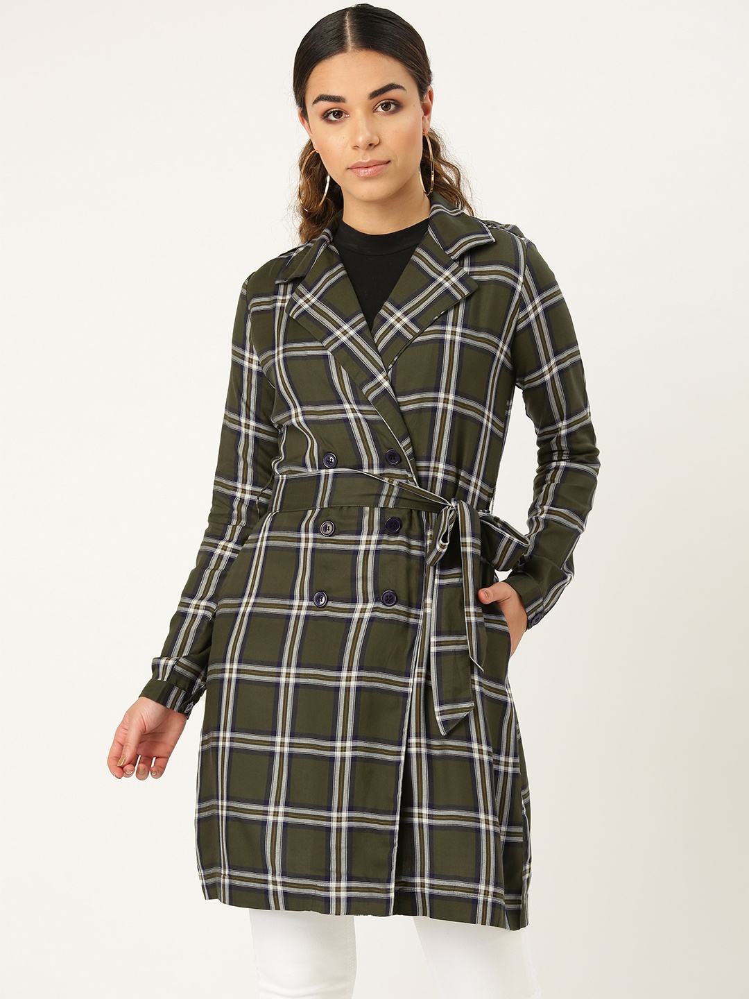 

Style Quotient Women Olive Green & Off-White Checked Longline Tailored Jacket