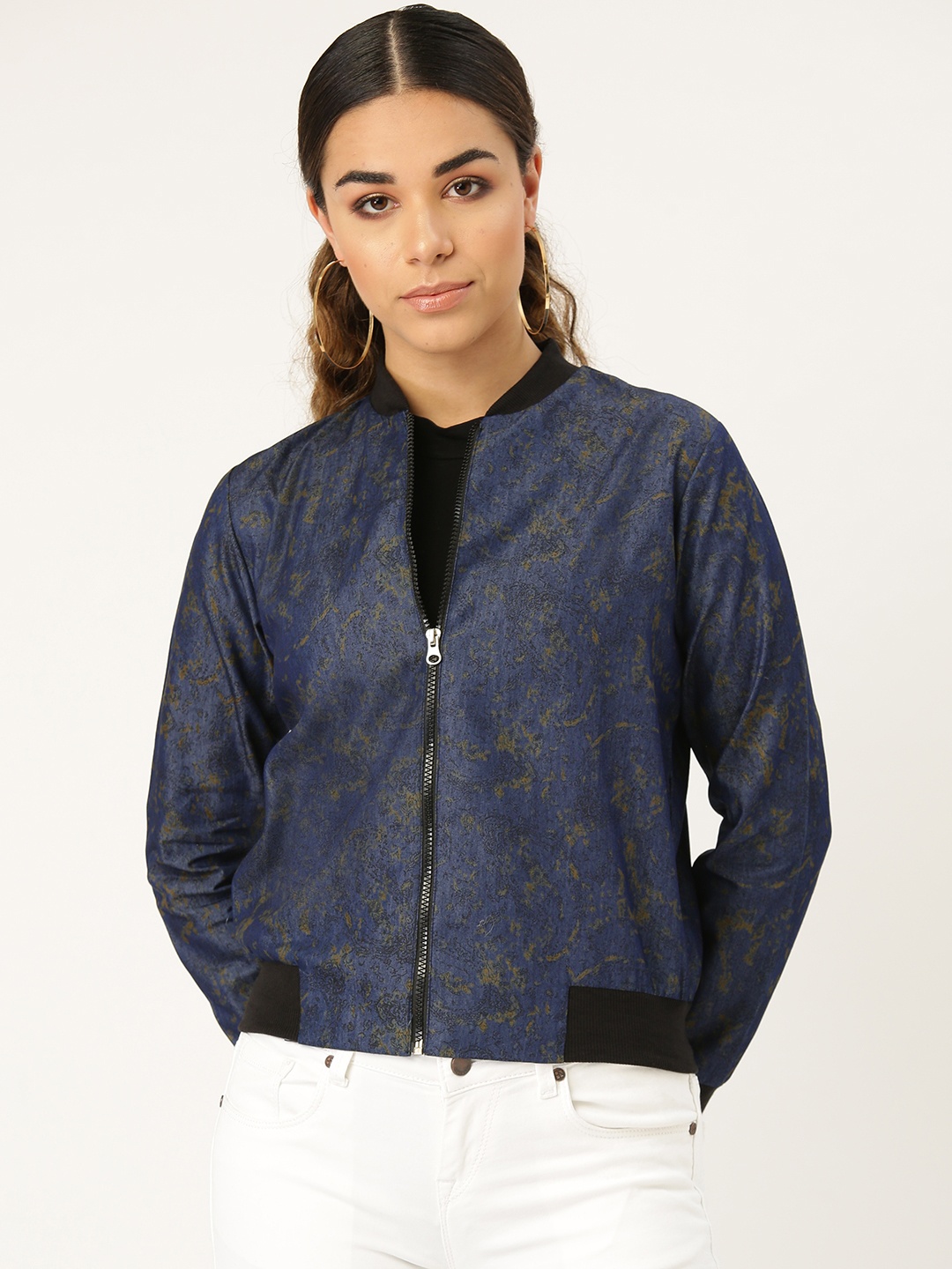 

Style Quotient Women Navy Blue & Olive Green Printed Bomber Jacket