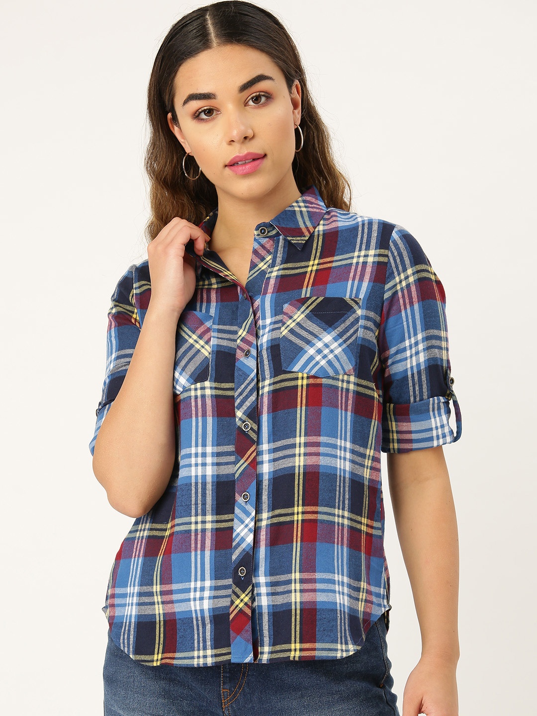 

Style Quotient Women Blue & Maroon Twill Weave Regular Fit Checked Casual Shirt