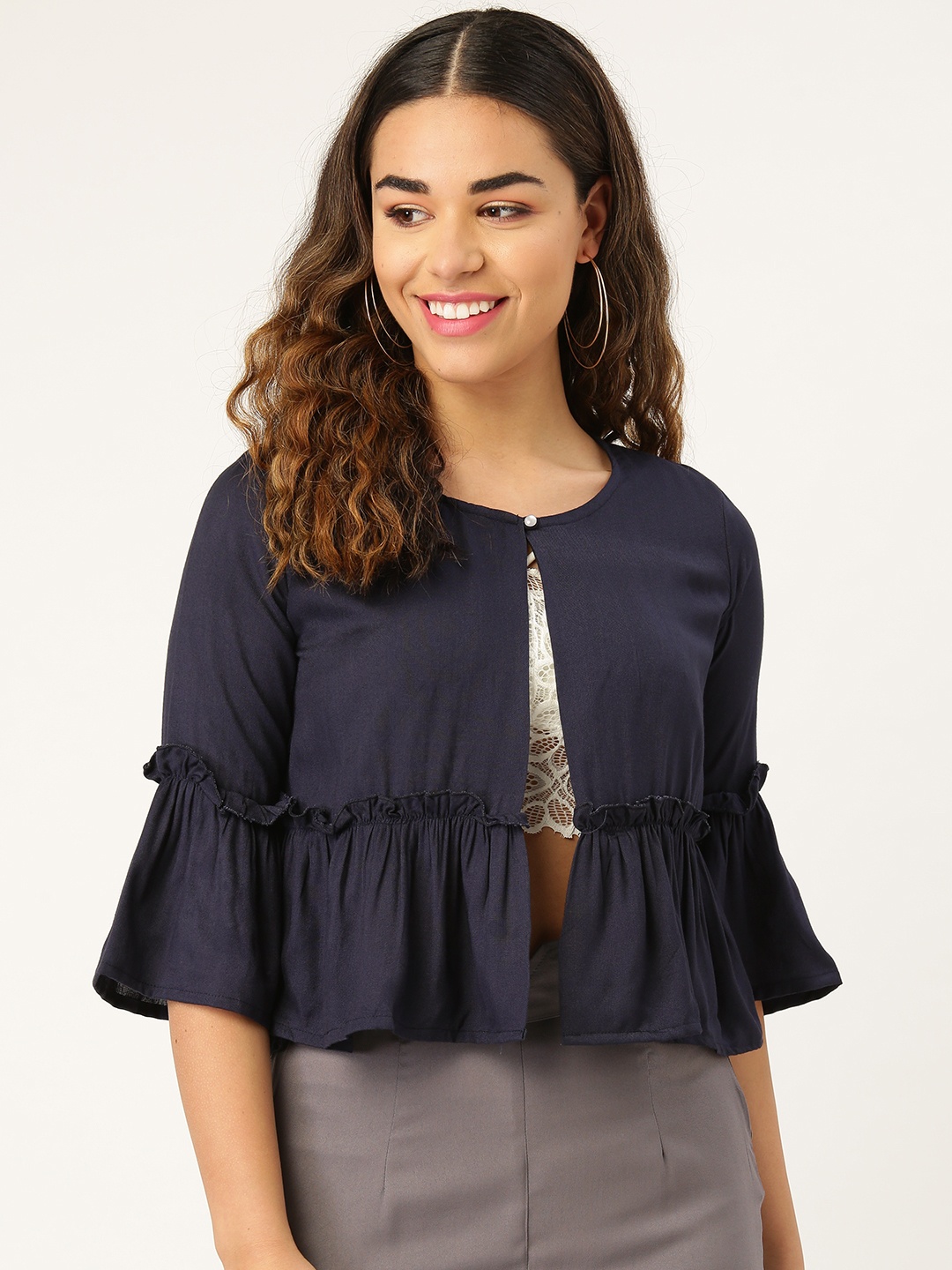 

Style Quotient Women Navy Blue Solid Button Shrug