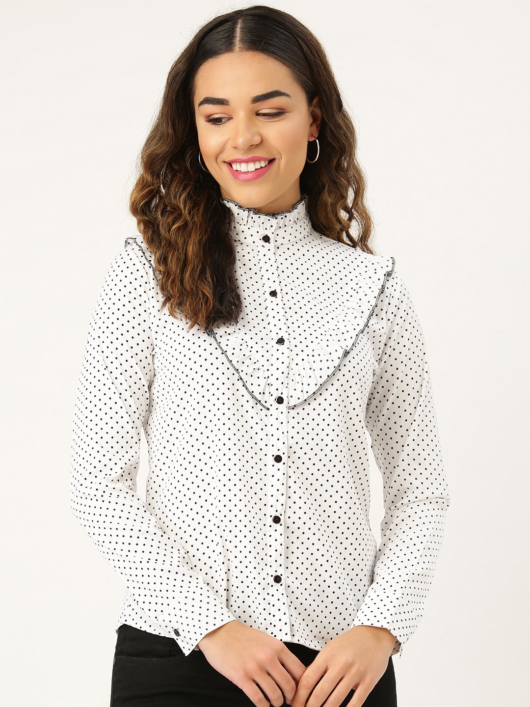 

Style Quotient Women White & Black Victorian Style Polka Dot Print Casual Shirt