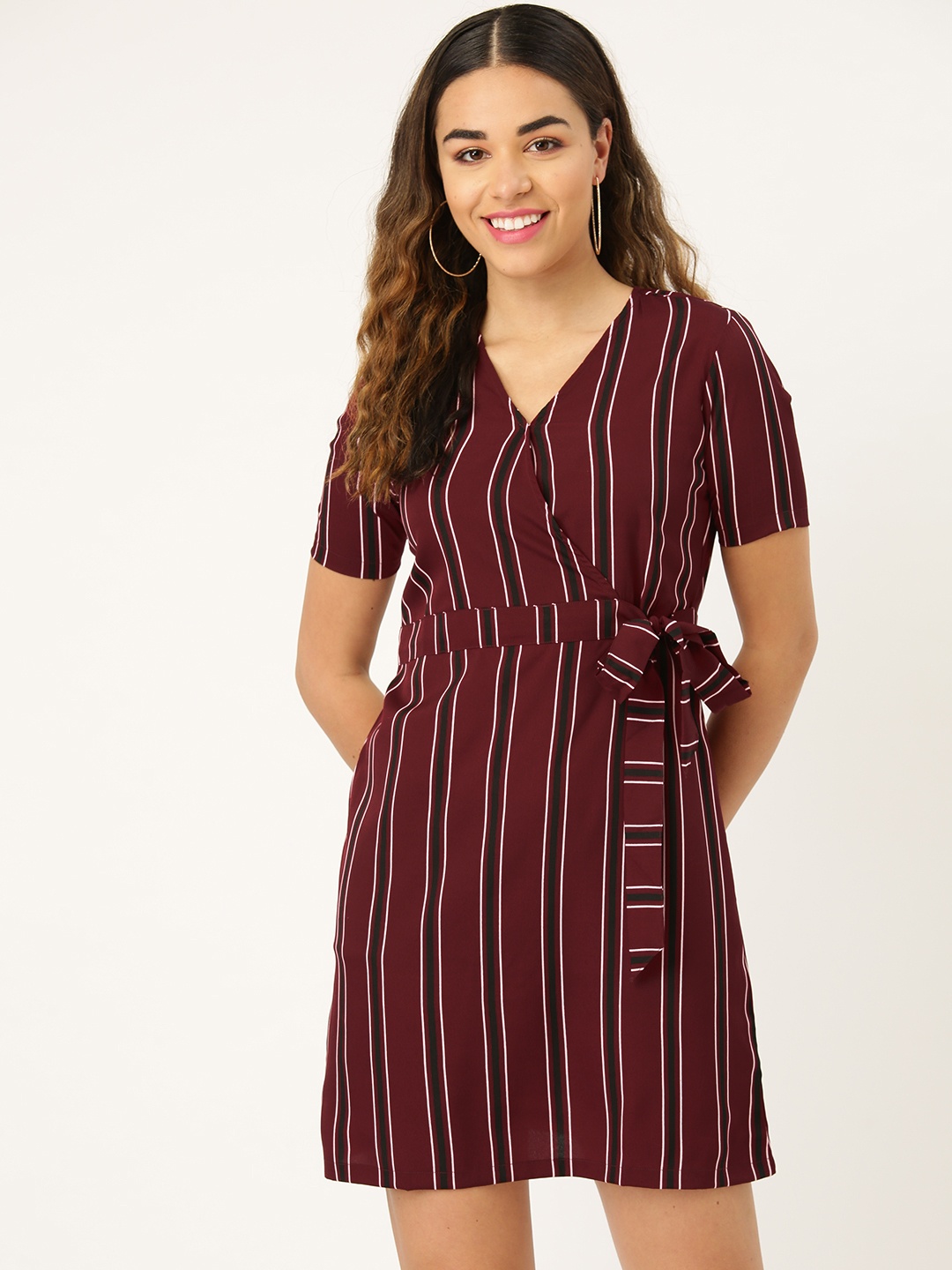 

Style Quotient Women Maroon & Black Striped Wrap Dress