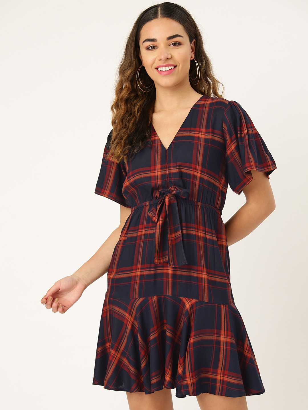 

Style Quotient Women Navy & Rust Red Checked A-Line Dress, Navy blue