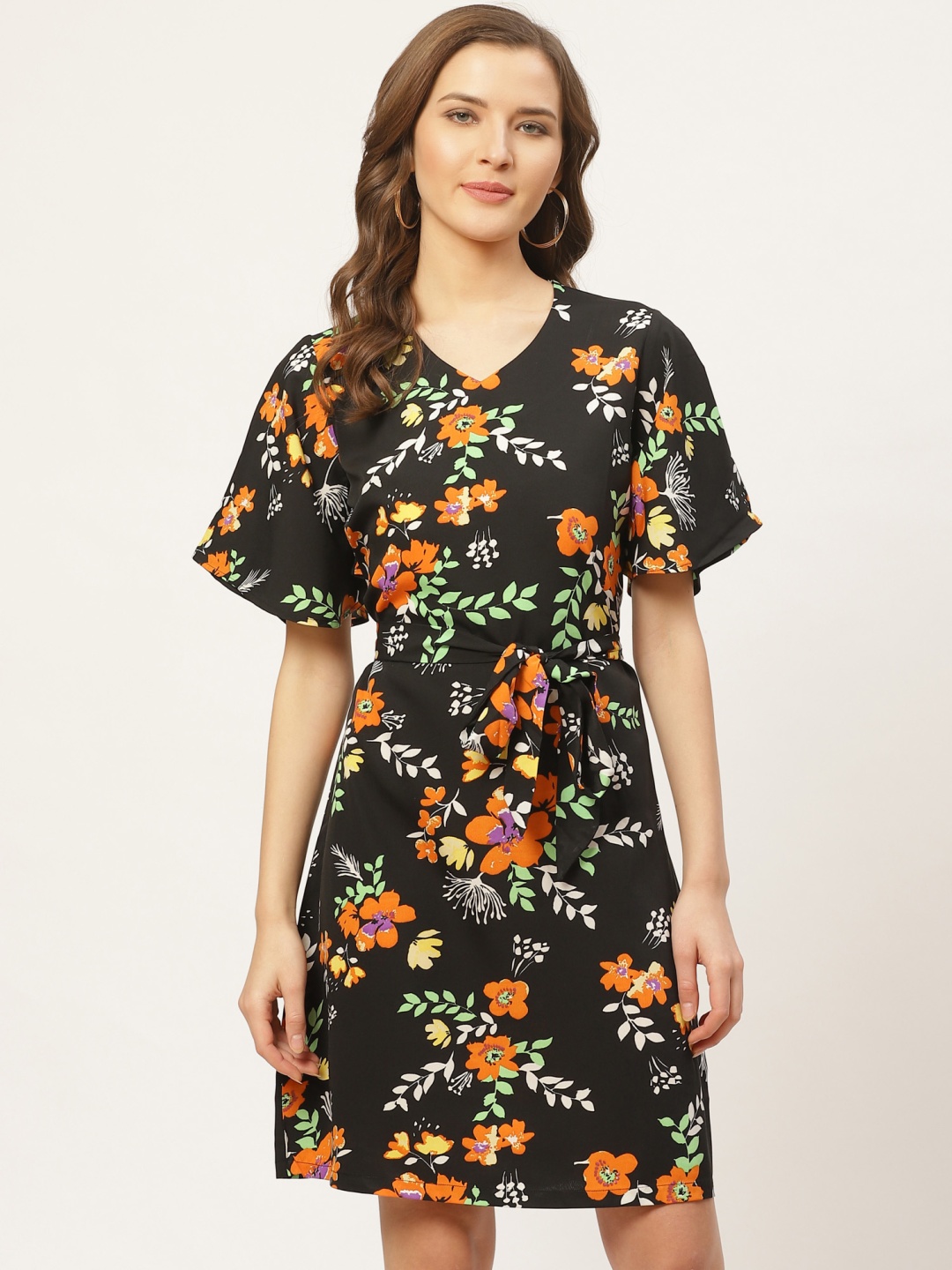 

Style Quotient Women Black & Orange Floral Printed A-Line Dress